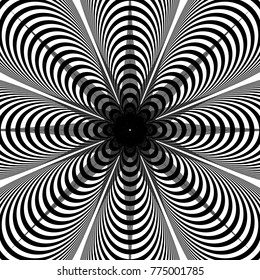Abstract black and white background. Geometric pattern with visual distortion effect. Illusion of rotation. Op art.