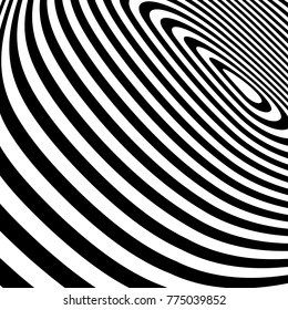 Abstract black and white background. Geometric pattern with visual distortion effect. Monochrome twisted elips.Op art.