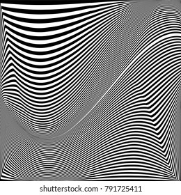 Abstract black and white background. Geometric pattern with visual distortion effect. Illusion of rotation. Op art.