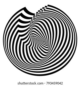 Abstract black and white background. Geometric pattern with visual distortion effect. Illusion of rotation. Op art.