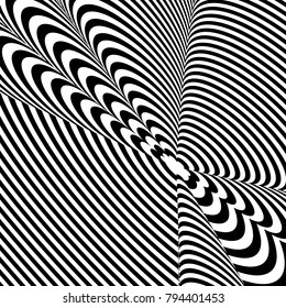 Abstract black and white background. Geometric pattern with visual distortion effect. Illusion of rotation. Op art.
