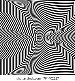 Abstract black and white background. Geometric pattern with visual distortion effect. Illusion of rotation. Op art.