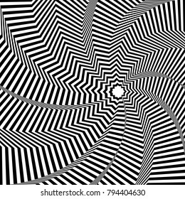 Abstract black and white background. Geometric pattern with visual distortion effect. Illusion of rotation. Op art.