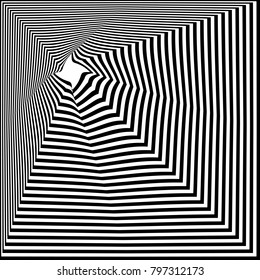 Abstract black and white background. Geometric pattern with visual distortion effect. Illusion of rotation. Op art.