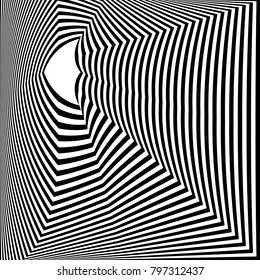 Abstract black and white background. Geometric pattern with visual distortion effect. Illusion of rotation. Op art.