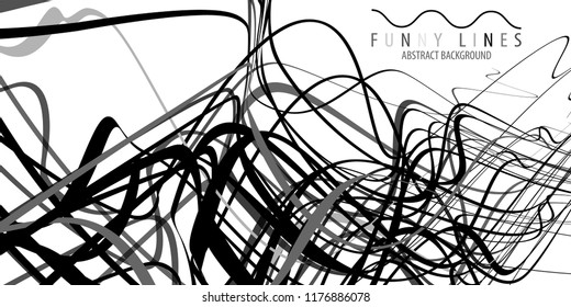 Abstract black and white background graphics template with blended multiple funny lines and curves