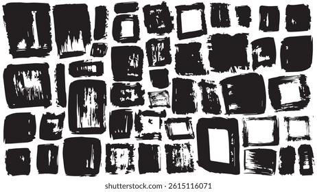 Abstract black and white background with grunge squares, rectangles drawn with dry brush ink, brush texture banners, collection of paint brush strokes, grunge elements, set of text boxes with strokes