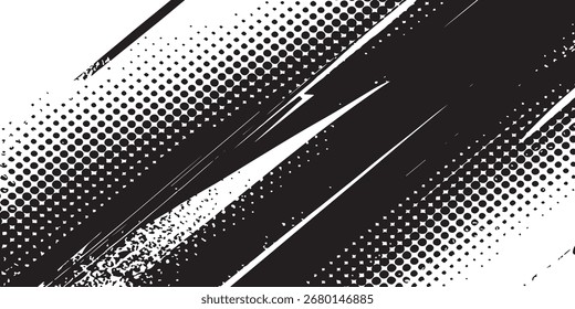 Abstract black and white background with halftone dots, diagonal lines, ink splashes and geometric shapes.