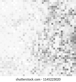 Abstract black white background with mesh of squares. Mosaic style. Digital. Cell. Grey white texture. Empty space for your design or text.