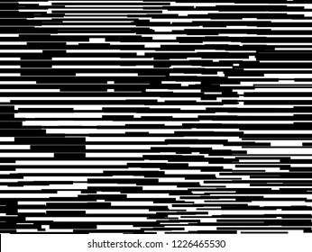 Abstract black and white background. Motion effect flecked noisy glitch textured background. Distortion, grunge texture, random horizontal black and white lines. Vector illustration.