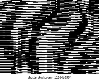 Abstract black and white background. Motion effect flecked noisy glitch textured background. Distortion, grunge texture, random horizontal black and white lines. Vector illustration.