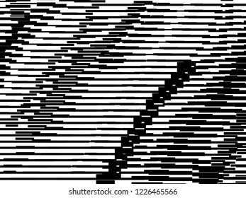 Abstract black and white background. Motion effect flecked noisy glitch textured background. Distortion, grunge texture, random horizontal black and white lines. Vector illustration.