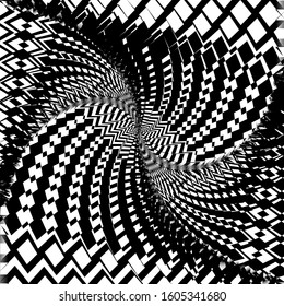 Abstract black and white background. Optical illusion of distorted surface. Twisted stripes in circle. Stylized 3d surface. Vector illustration. Great for wall art, poster, advertisement, banner