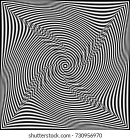 Abstract black and white background. Optical illusion of distorted surface. Twisted rounded stripes. Vector illustration for prints, wall art