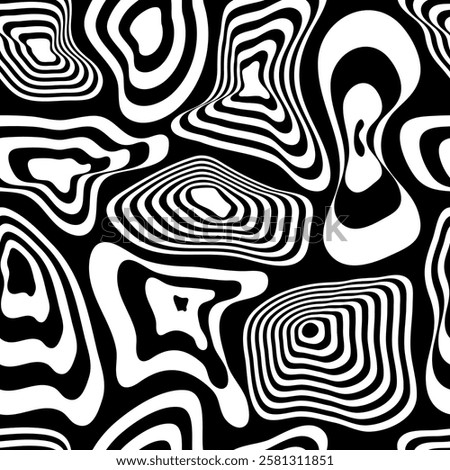 Abstract black and white background with pieces of optical illusions of volume. High contrast geometric seamless pattern in graffiti style. Collection of creative prints for fabric, packing. Vector.