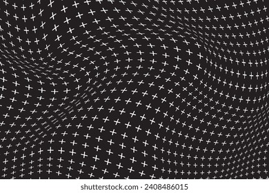 Abstract black and white background. Plus symbols in a wave. Dark walpaper. Vector design