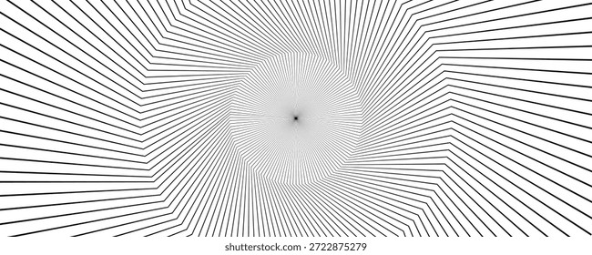 Fundo preto e branco abstrato com linhas geométricas radiantes formando uma ilusão ótica e centro focal dinâmico. O padrão linear de alto contraste cria forte profundidade, movimento e tensão visual.