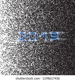 Abstract black and white background of small particles with the sign of 2019 new year. Vector illustration.