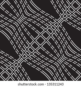 Abstract black and white background, vector geometric seamless pattern with wavy dotted lines