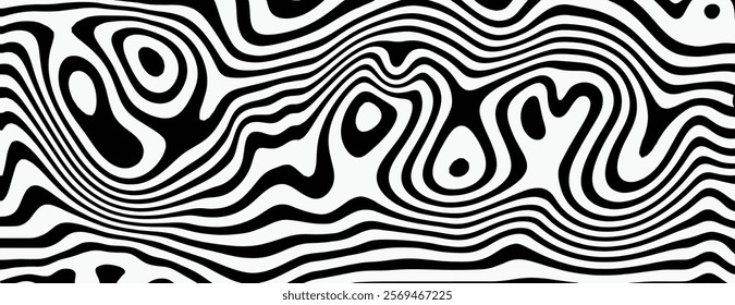 Abstract black and white background with wavy, hypnotic patterns. The background features bold black lines on a white backdrop. Psychedelic pattern background vector. Black background.