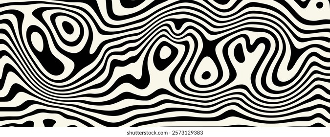 Abstract black and white background with wavy, hypnotic patterns. The background features black and white swirls creating a dynamic texture. Psychedelic pattern background vector. Black background.