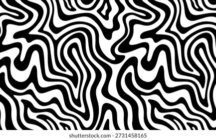 Abstract Black and White Background with Wavy Liquify Lines. Modern Vector Illustration of Flowing Distorted Stripes with Topographic Contour Effect. Minimalist Op Art Pattern for Trendy Web Banners, Fashion Prints, Creative Posters, and Digital Backdrops. High Contrast Bold Geometric Texture.