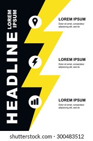 Abstract black and white background with yellow lightning and icons. Concept for brochure cover, flyer, poster, business template, energy and electricity theme.