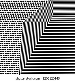 Abstract black and white backround with stripes and dots. Geometric pattern with visual distortion effect. Optical illusion. Op art.