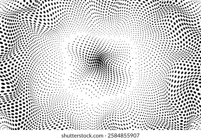 Abstract black white banner with dots. Wavy background with half tone effect. Optical spotted monochrome texture. Halftone dot pattern. Futuristic pop art print. Vector illustration.