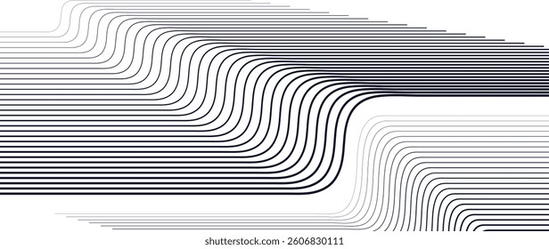Abstract black and white blend line art background vector. Wallpaper design with wavy line in motion. Illustration for banner, packaging, social media, ads.