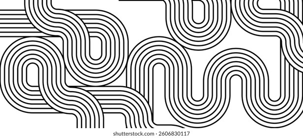 Abstract black and white blend line art background vector. Wallpaper design with wavy line in motion. Illustration for banner, packaging, social media, ads.