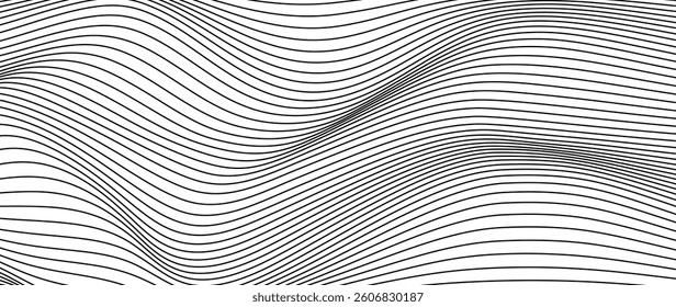 Abstract black and white blend line art background vector. Wallpaper design with wavy line in motion. Illustration for banner, packaging, social media, ads.