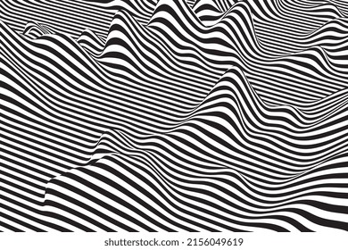 Abstract black and white boiling wave background. Stylish curved liquid pattern surface. Optical illusion art. Digital geometric wavy striped texture