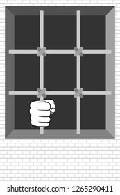 Abstract Black and White Brick Wall with Prison Bars. Hand of a Prisoner of the Desire for Freedom. Vector. 3D Illustration