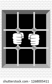 Abstract Black and White Brick Wall with Prison Bars. Hand of a Prisoner of the Desire for Freedom. Vector. 3D Illustration