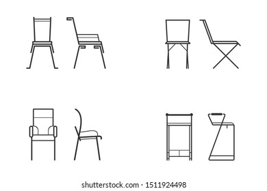 Abstract black and white chair icon set for living room. Front view and side view of different chair flat style, vector illustration