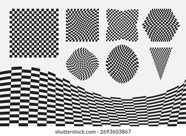 Abstractas patrón de ilusión de damas en blanco y negro con perspectiva 3D deformada. Ideal para fondos de arte óptico, texturas geométricas, carteles digitales y proyectos gráficos creativos