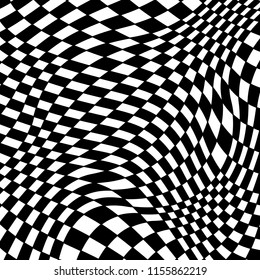 Abstract black and white checkered background. Geometric pattern with visual distortion effect. Optical illusion. Op art.