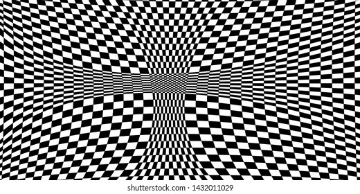Abstract black and white checkered background. Geometric pattern with visual distortion effect. Optical illusion. Op art.