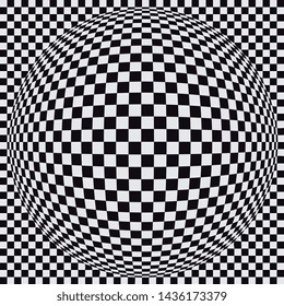 Abstract black and white checkered background. Geometric spherical pattern with visual distortion zoom effect. Optic illusion.
