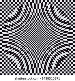 Abstract black and white checkered background. Geometric spherical pattern with visual distortion zoom effect. Optic illusion.