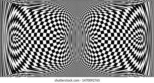 Abstract black and white checkered background. Geometric pattern with visual distortion effect. Optical illusion. Op art.
