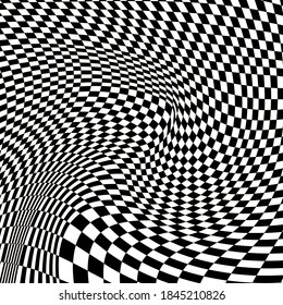 Abstrakter, schwarz-weißer Hintergrund. Geometrisches Muster mit visueller Verzerrungswirkung. Optische Illusion. Op Art.