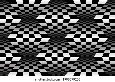 Abstract black and white checkered background. Geometric pattern with visual distortion effect. Checkered wave black white background for sport race championship and business finish success.