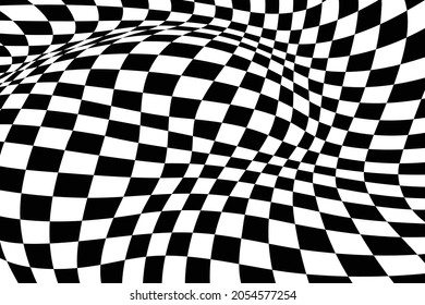 Abstract black and white checkered background. Geometric pattern with visual distortion effect. Checkered wave black white background for sport race championship and business finish success.