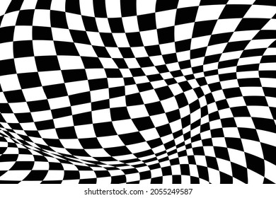 Abstract black and white checkered background. Geometric pattern with visual distortion effect. Checkered wave black white background for sport race championship and business finish success.
