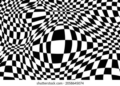 Abstract black and white checkered background. Geometric pattern with visual distortion effect. Checkered wave black white background for sport race championship and business finish success.