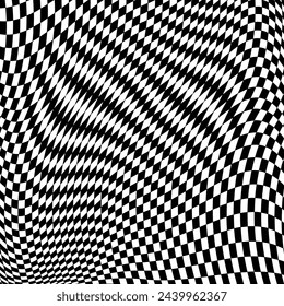 Abstract black and white checkered background. Geometric pattern with visual distortion effect. Optical illusion. Op art.