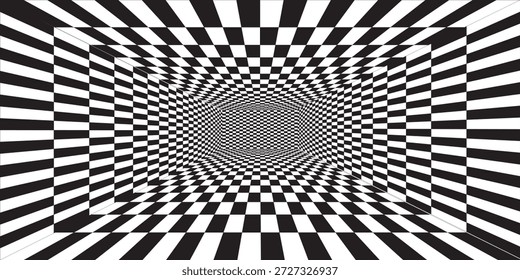Fondo a cuadros en blanco y negro abstracto. Patrón geométrico con efecto de distorsión visual. Fondo blanco y negro a cuadros de la onda para el campeonato de la carrera deportiva y el éxito del final del negocio. Vector