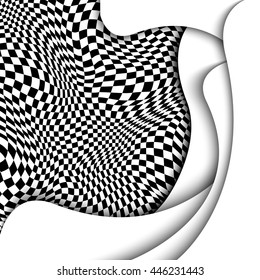Abstract black and white checkered background. Monochrome pattern with a distorted space in frame with shadow. Element for design.
